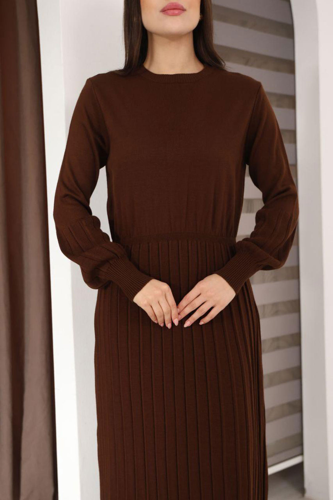 Brown Bicycle Collar Striped Knit Dress BCES-253011 - Bisceglie