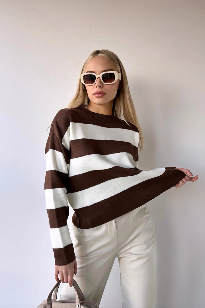 Brown Bicycle Neck Striped Soft Textured Basic Knit Sweater BC231035 - Portimão