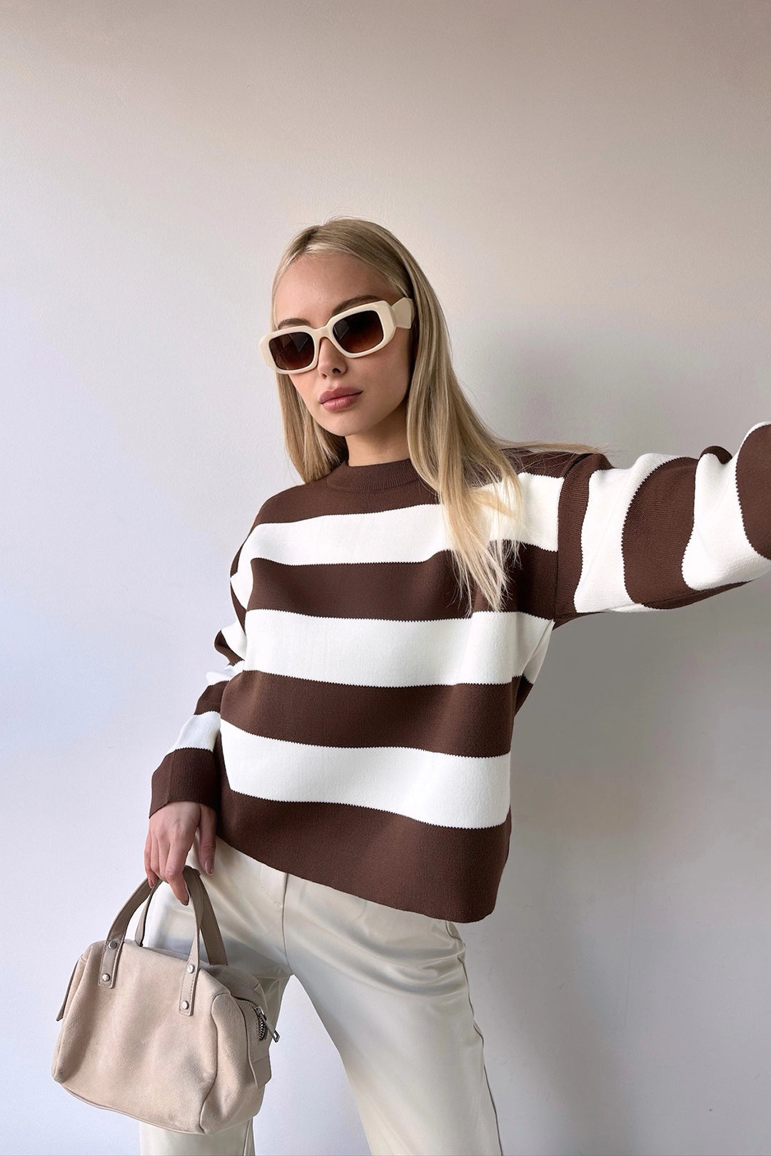 Brown Bicycle Neck Striped Soft Textured Basic Knit Sweater BC231035 - Portimão