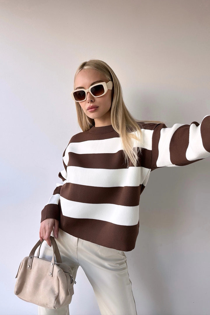 Brown Bicycle Neck Striped Soft Textured Basic Knit Sweater BC231035 - Portimão