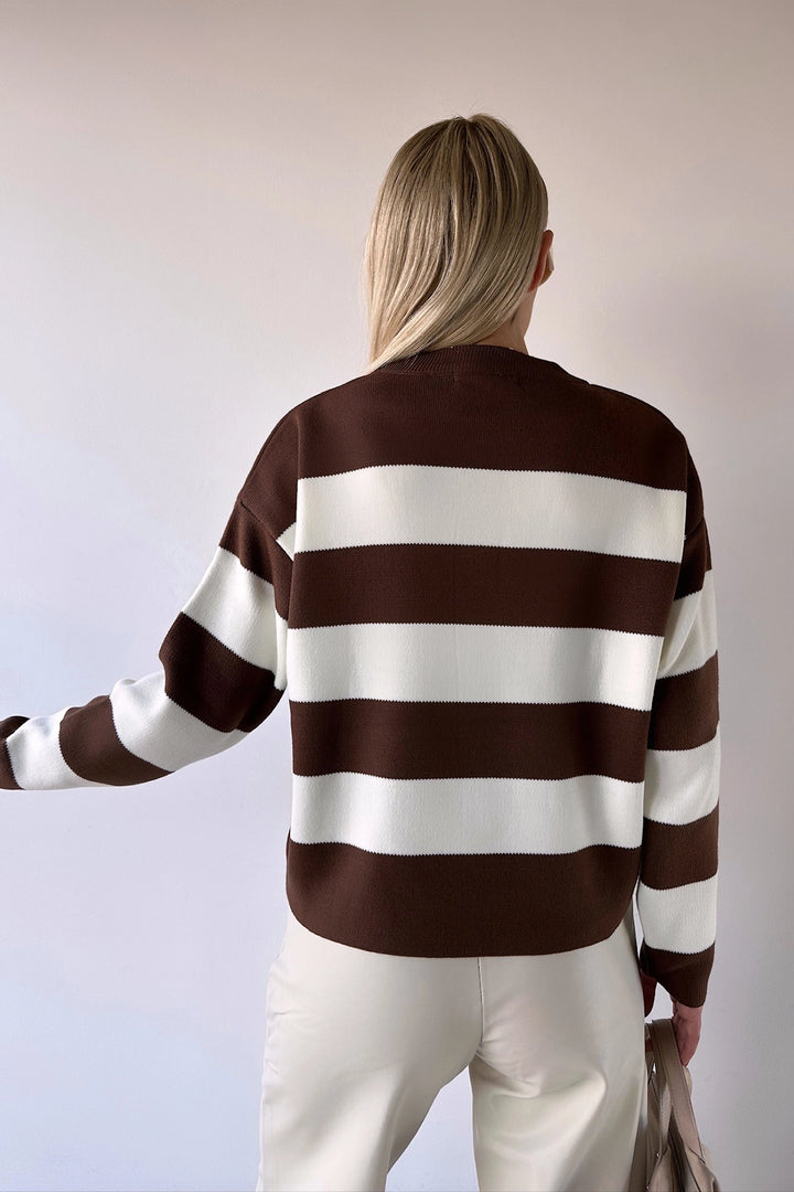 Brown Bicycle Neck Striped Soft Textured Basic Knit Sweater BC231035 - Portimão
