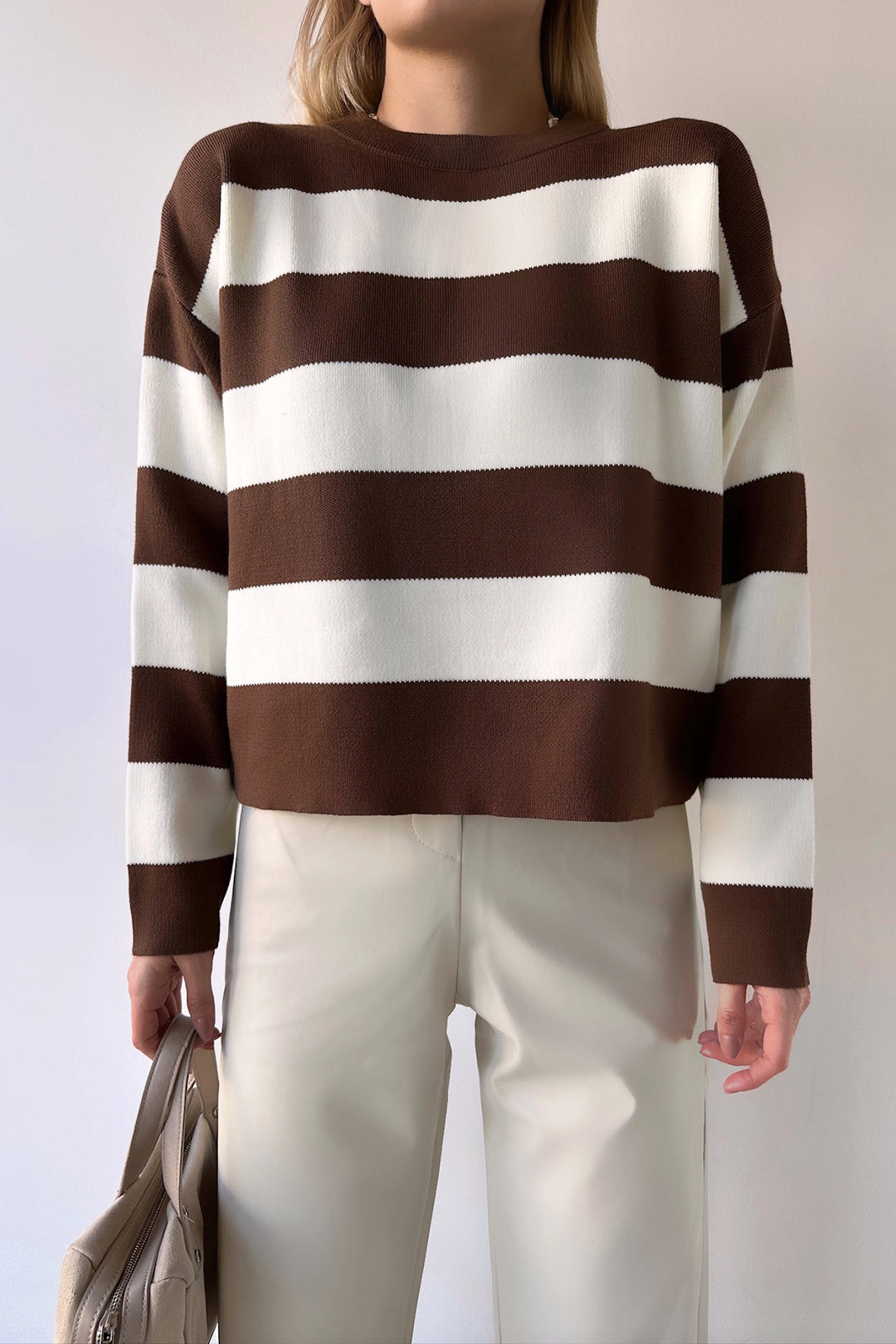 Brown Bicycle Neck Striped Soft Textured Basic Knit Sweater BC231035 - Portimão