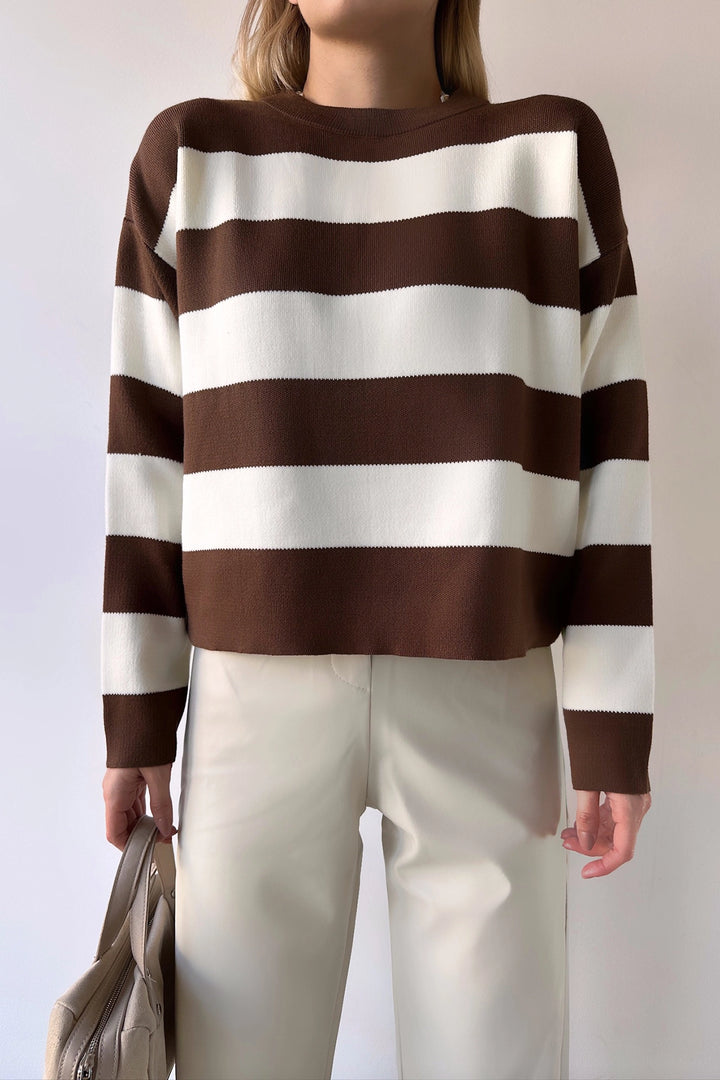 Brown Bicycle Neck Striped Soft Textured Basic Knit Sweater BC231035 - Portimão