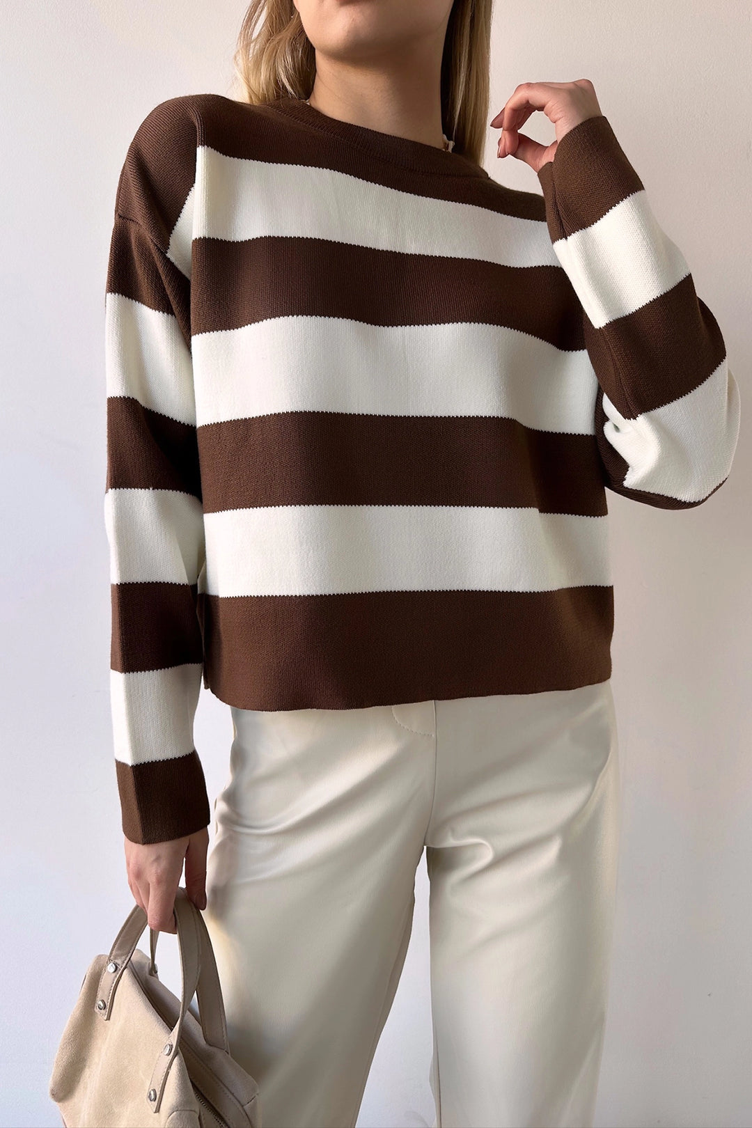 Brown Bicycle Neck Striped Soft Textured Basic Knit Sweater BC231035 - Portimão