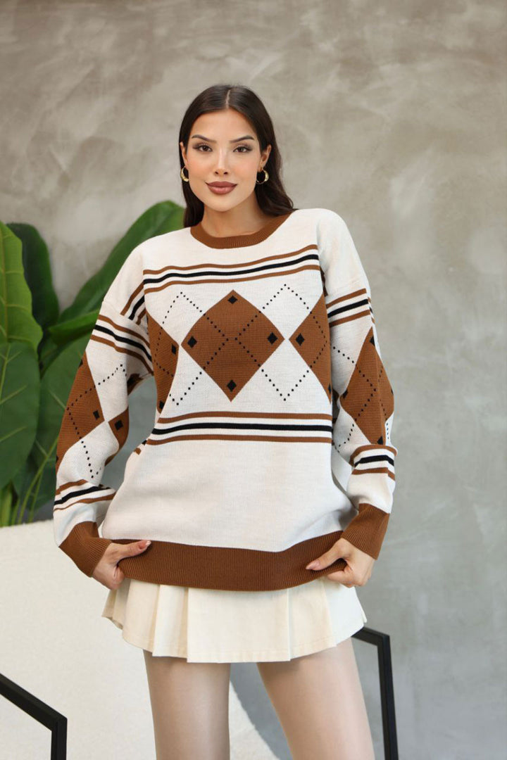 Brown Bicycle Collar Patterned Sweater BCES-252015 - Tartu