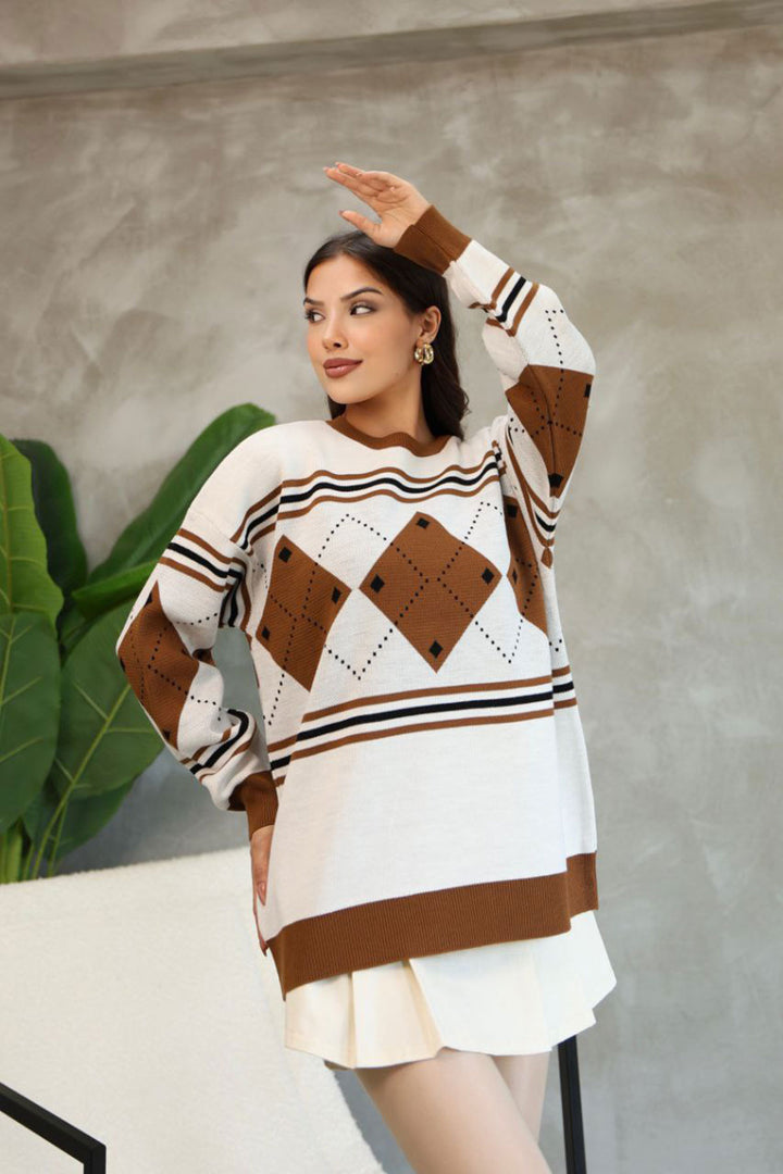 Brown Bicycle Collar Patterned Sweater BCES-252015 - Tartu