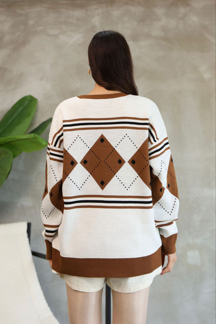 Brown Bicycle Collar Patterned Sweater BCES-252015 - Tartu