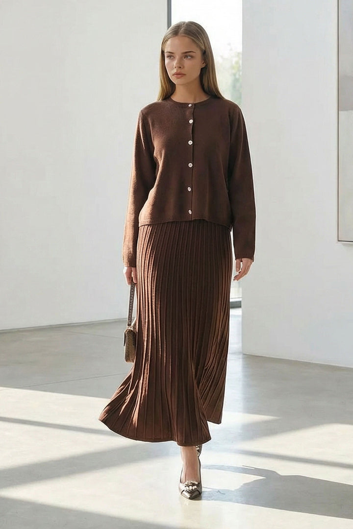 Brown Bicycle Collar Buttoned Cardigan and Pleated Midi Skirt Set BCHPK-251252 - Daugavpils
