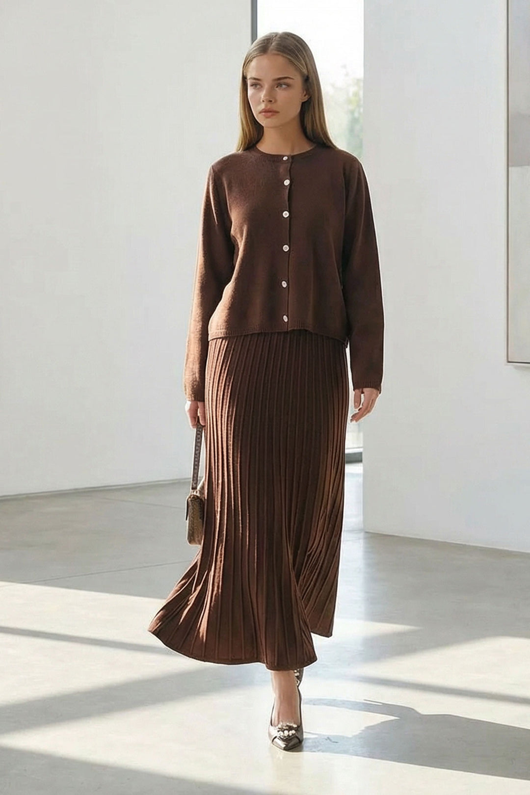 Brown Bicycle Collar Buttoned Cardigan and Pleated Midi Skirt Set BCHPK-251252 - Hattingen