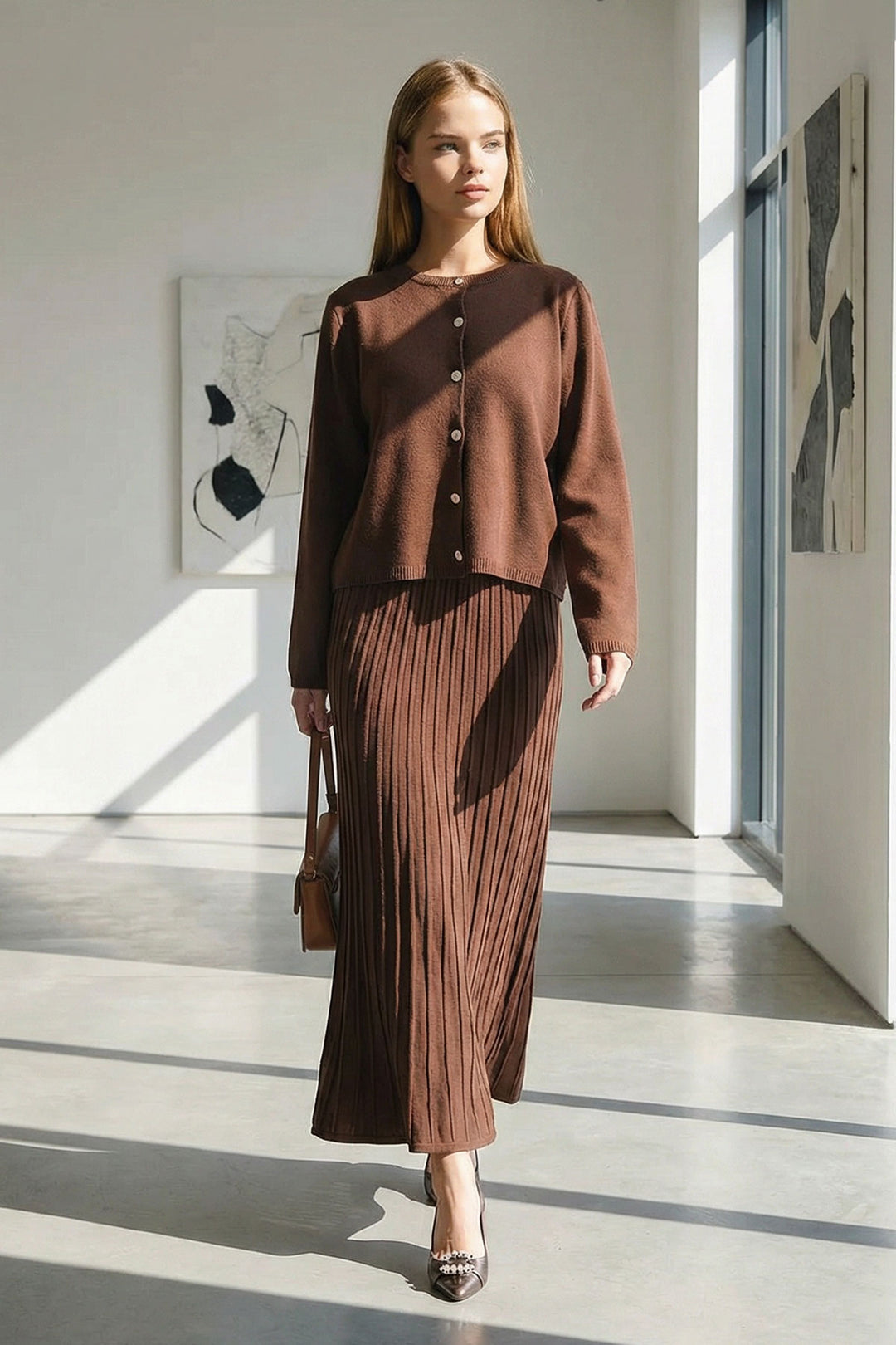 Brown Bicycle Collar Buttoned Cardigan and Pleated Midi Skirt Set BCHPK-251252 - Daugavpils