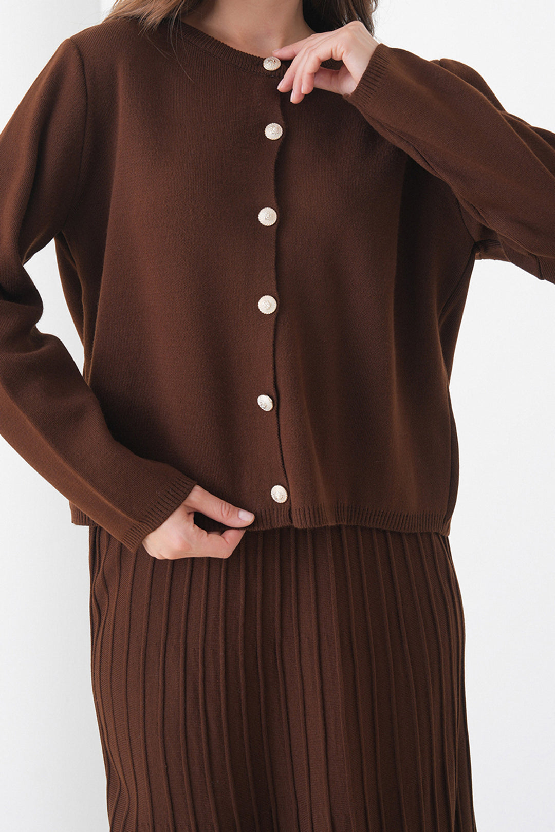 Brown Bicycle Collar Buttoned Cardigan and Pleated Midi Skirt Set BCHPK-251252 - Daugavpils
