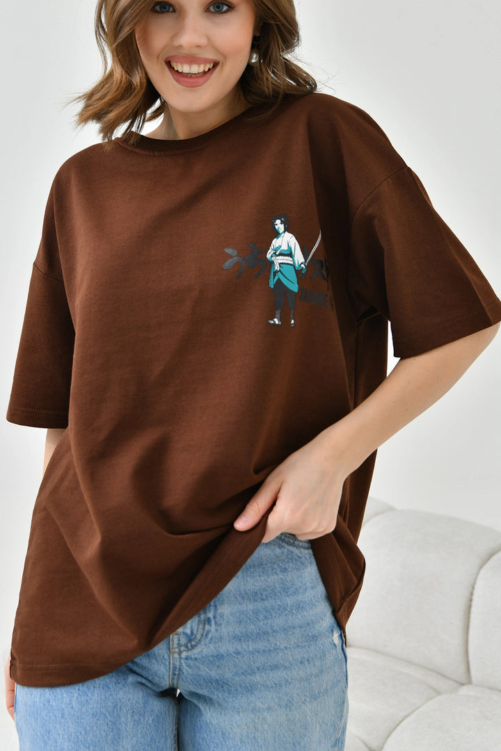 Brown Bicycle Collar Two Thread Back Printed Oversize T-Shirt BC241126 - Hammond