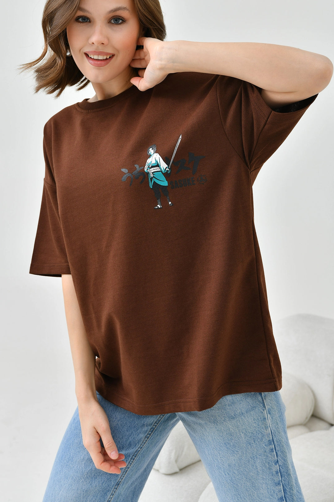 Brown Bicycle Collar Two Thread Back Printed Oversize T-Shirt BC241126 - Hammond