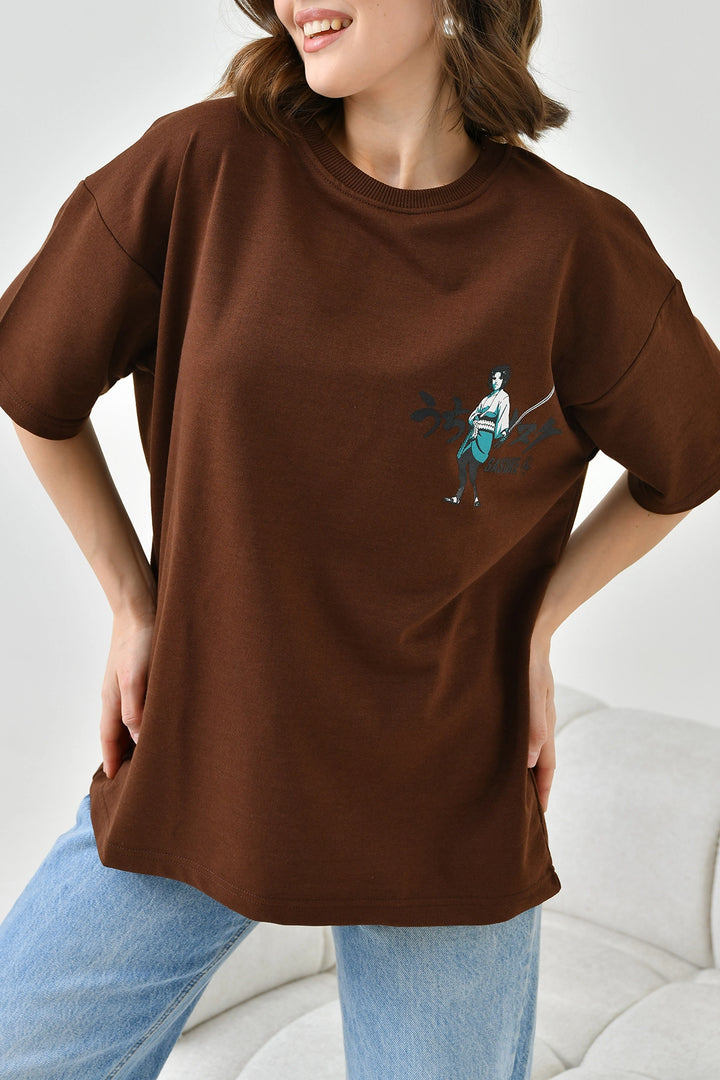Brown Bicycle Collar Two Thread Back Printed Oversize T-Shirt BC241126 - Hammond