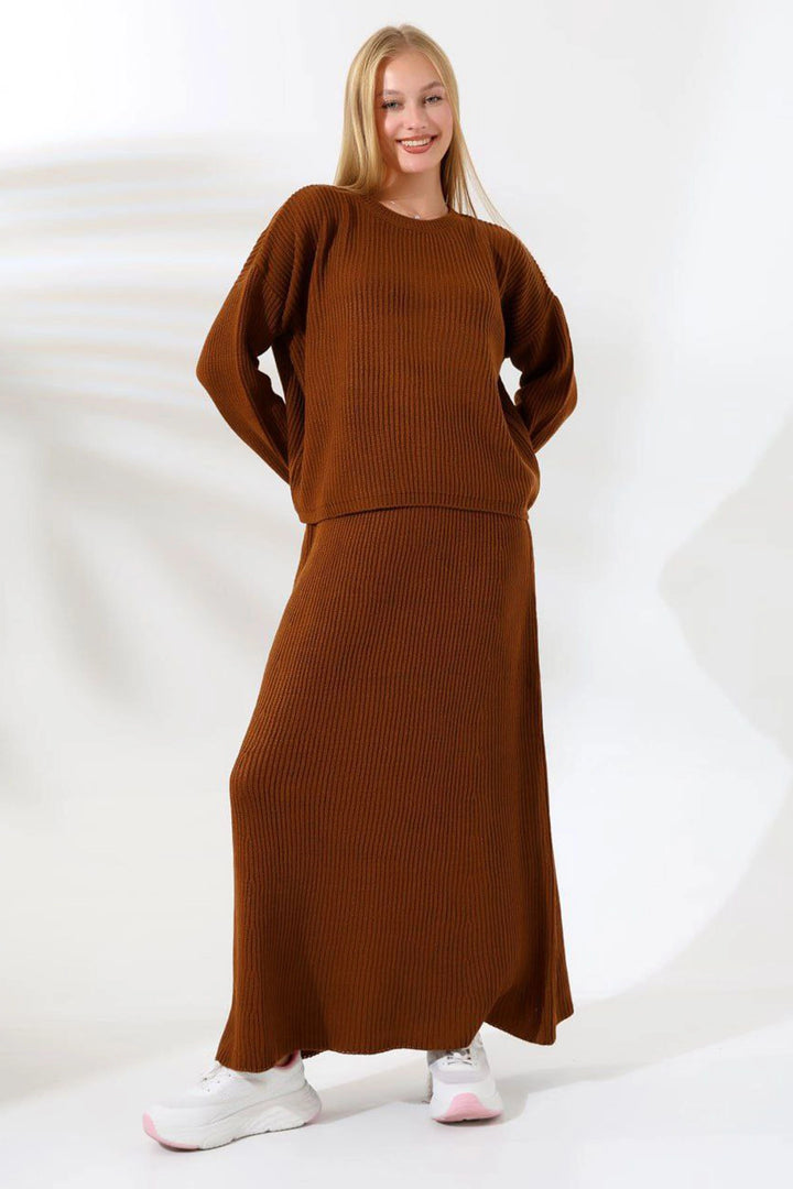 Brown Bicycle Collar Sweater and Skirt 2 Piece Knitwear Set BCES-241001 - Abertawe