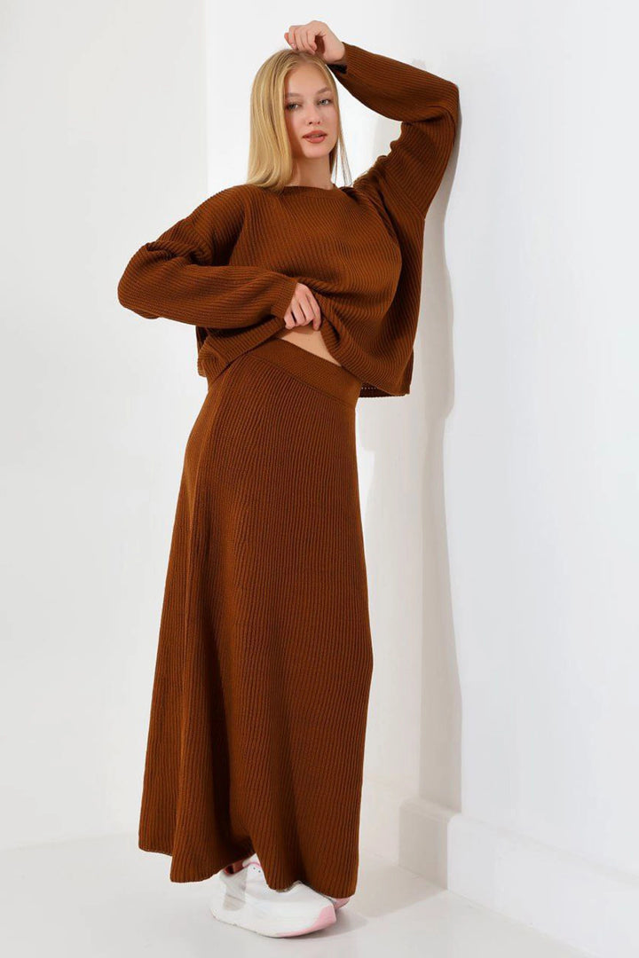 Brown Bicycle Collar Sweater and Skirt 2 Piece Knitwear Set BCES-241001 - Abertawe