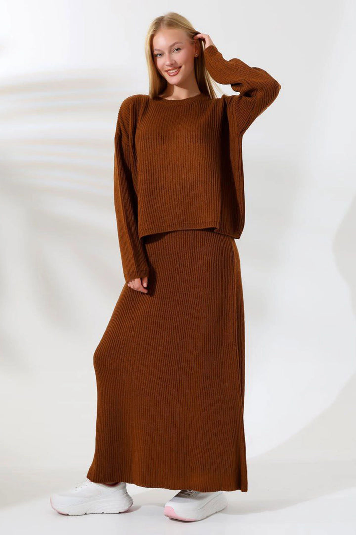 Brown Bicycle Collar Sweater and Skirt 2 Piece Knitwear Set BCES-241001 - Abertawe