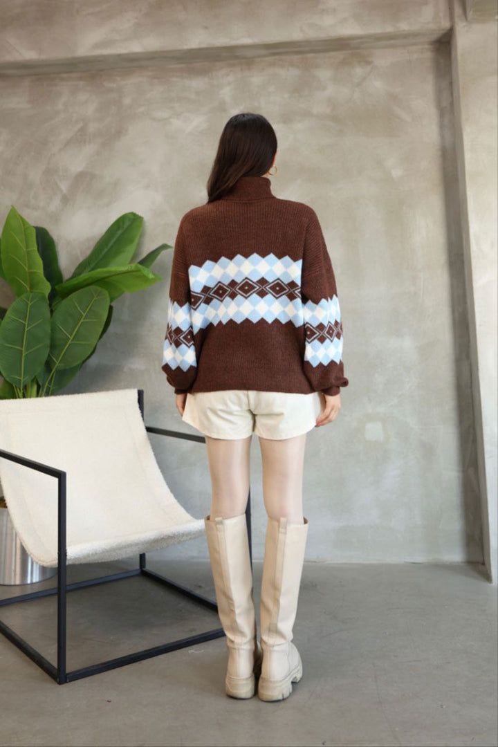 Brown Turtleneck Patterned Sweater BCES-252010 - Horad Barysaw
