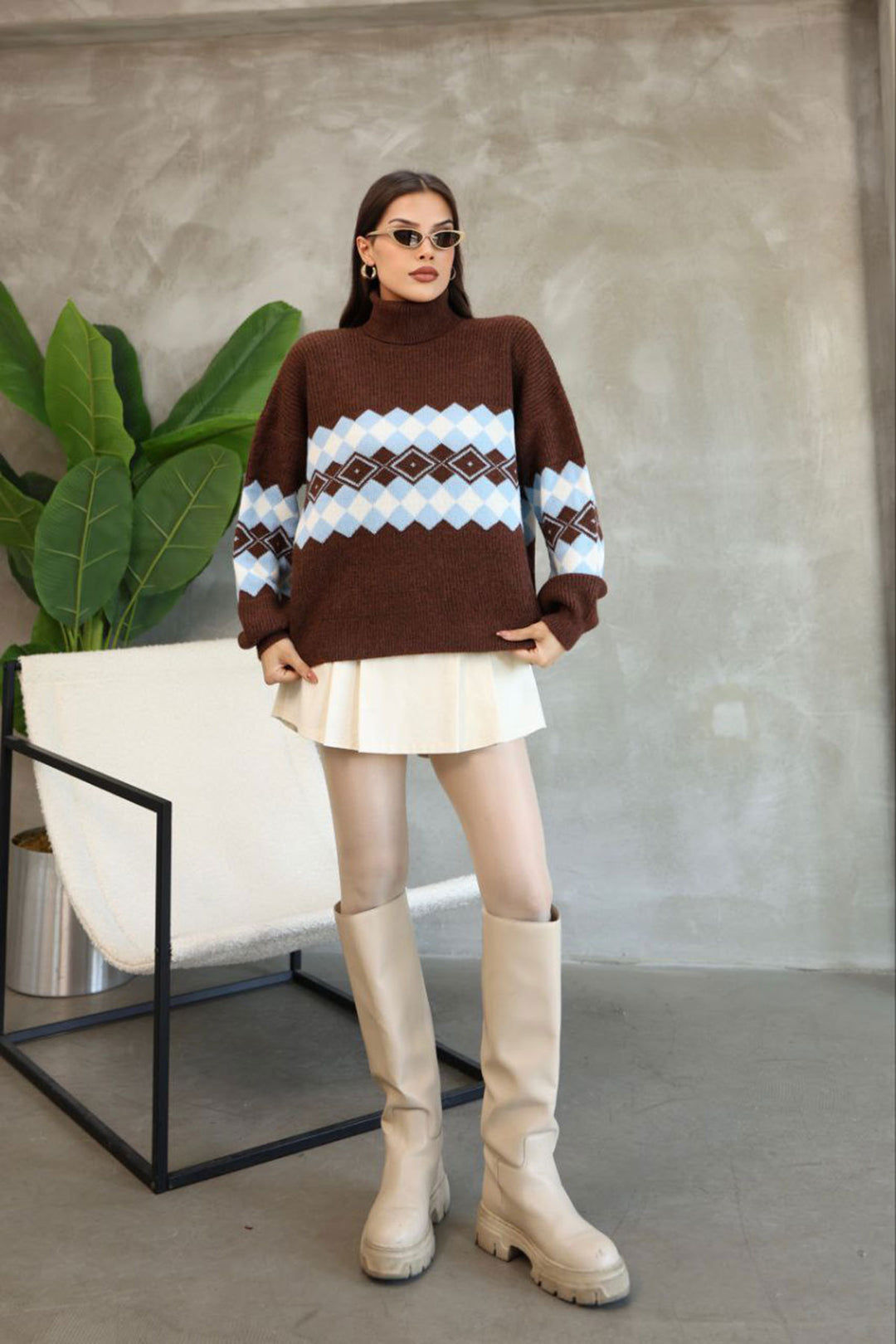 Brown Turtleneck Patterned Sweater BCES-252010 - Horad Barysaw