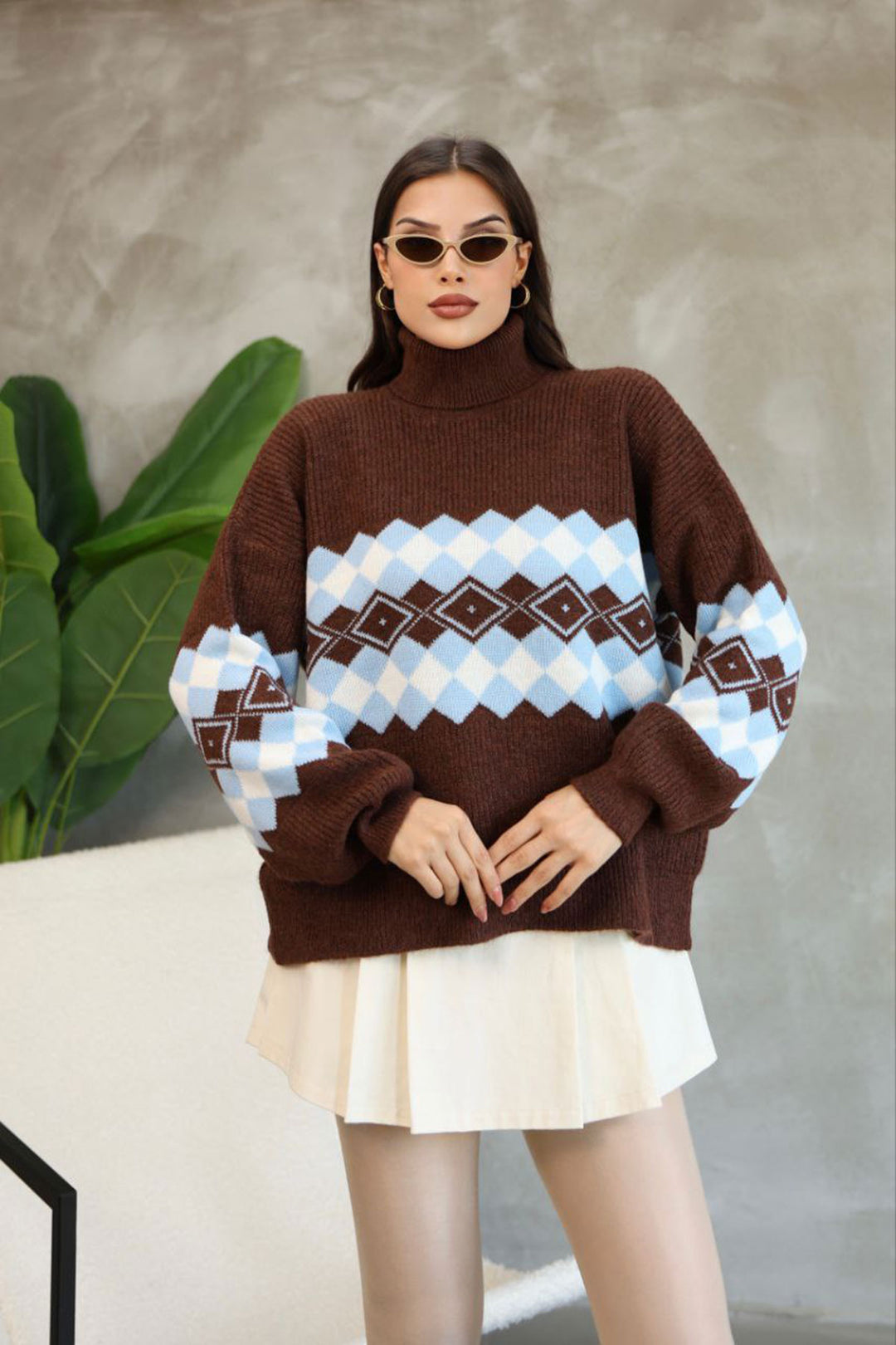 Brown Turtleneck Patterned Sweater BCES-252010 - Horad Barysaw