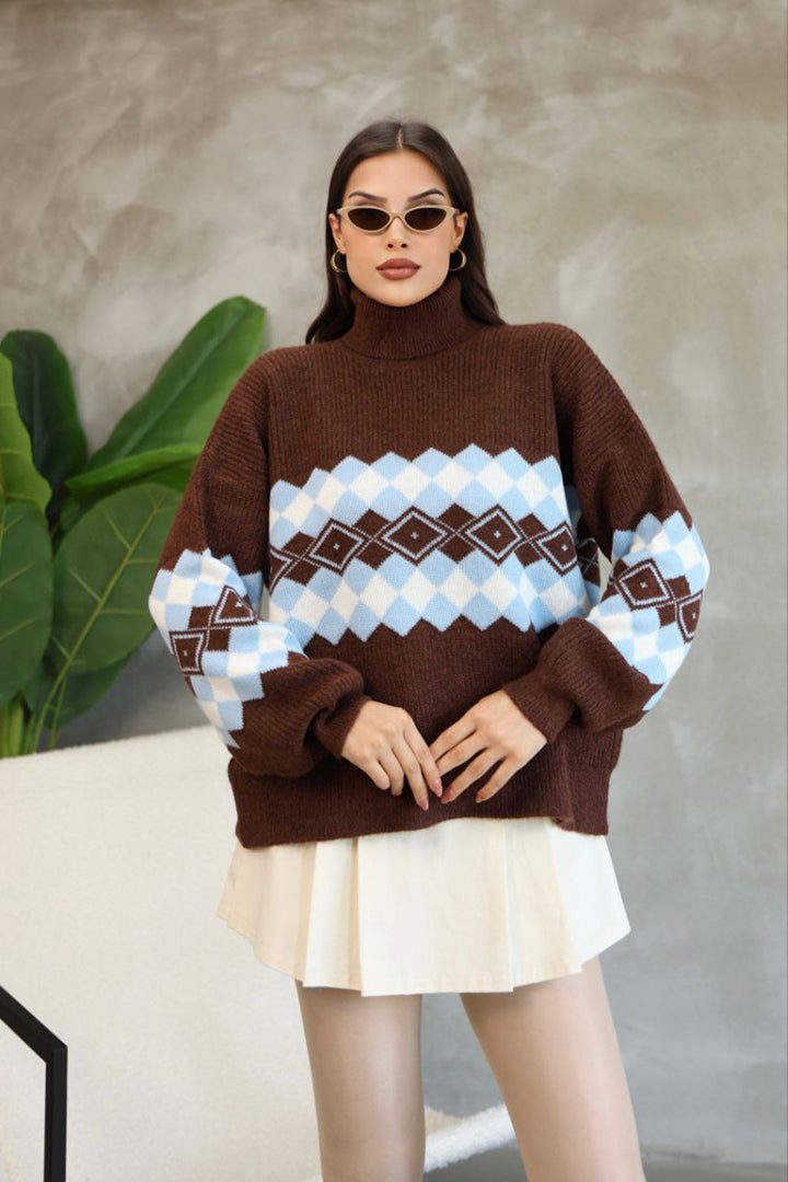 Brown Turtleneck Patterned Sweater BCES-252010 - Horad Barysaw