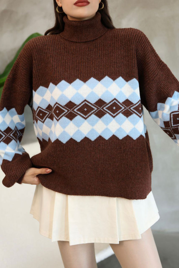 Brown Turtleneck Patterned Sweater BCES-252010 - Horad Barysaw