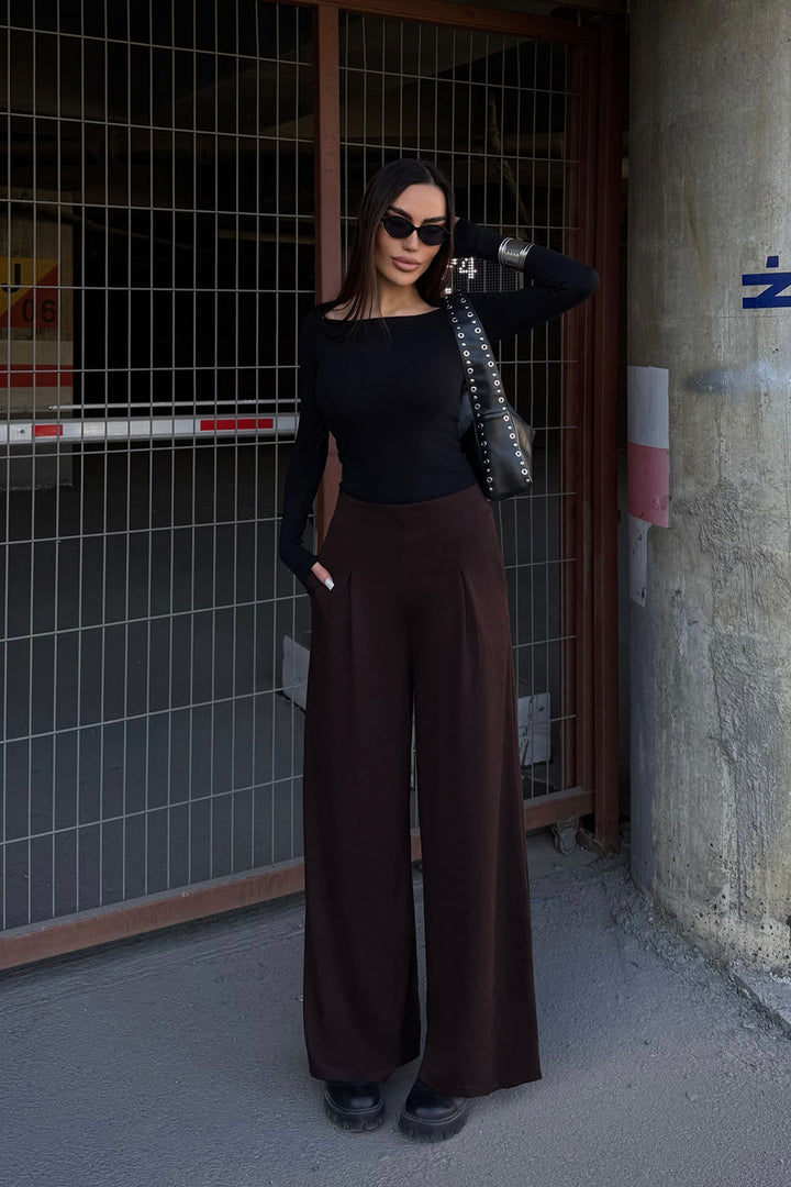Brown Pocketed Spanish Flare Ultra Soft Fabric Trousers BCDF-25P0001 - Würselen