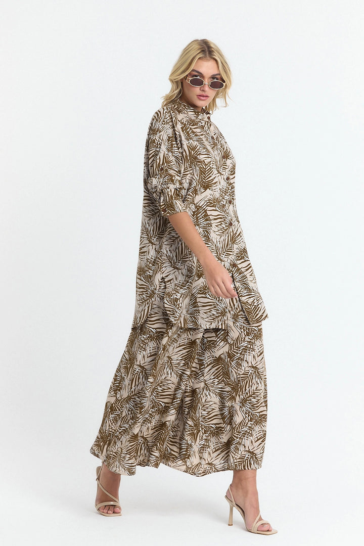 Brown Flower Patterned Long Tunic and Pants Woven Viscon Top Set BCVL-25V053-2 - Florissant