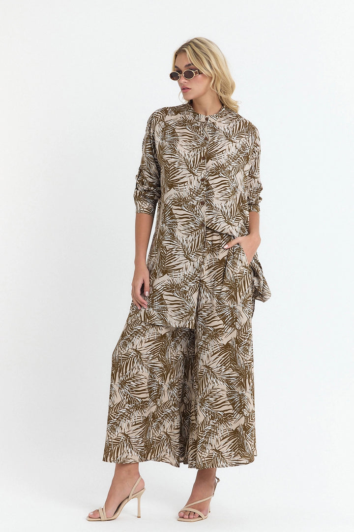 Brown Flower Patterned Long Tunic and Pants Woven Viscon Top Set BCVL-25V053-2 - Florissant