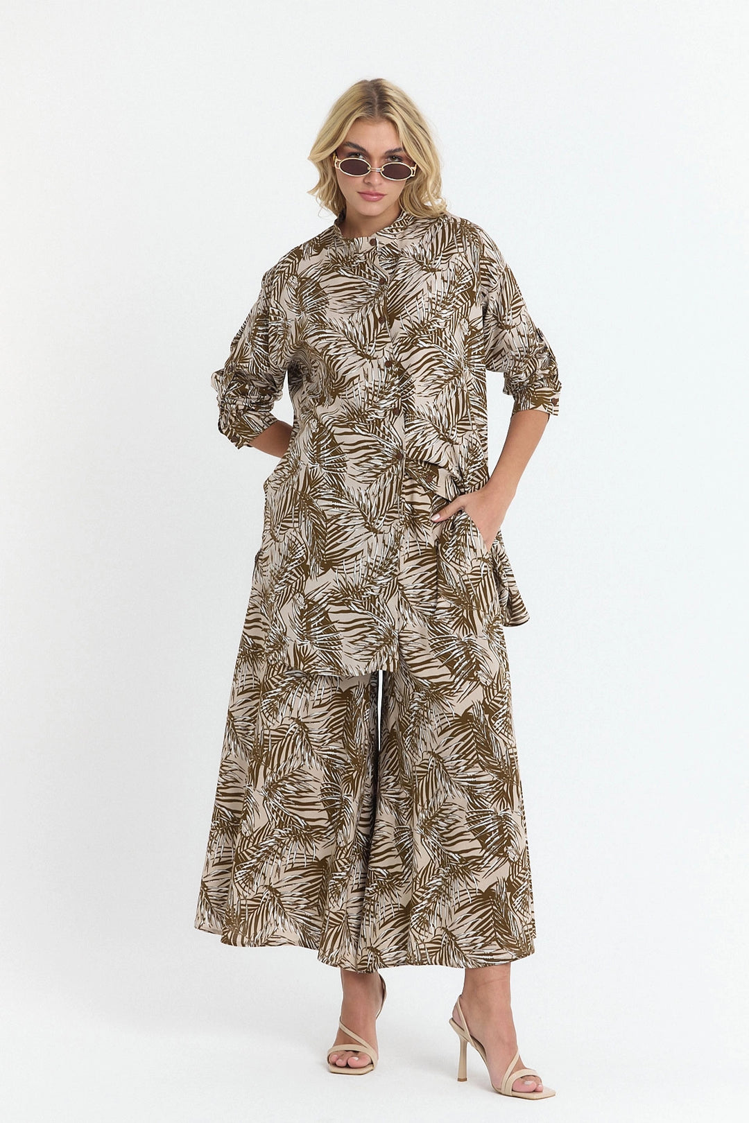 Brown Flower Patterned Long Tunic and Pants Woven Viscon Top Set BCVL-25V053-2 - Florissant