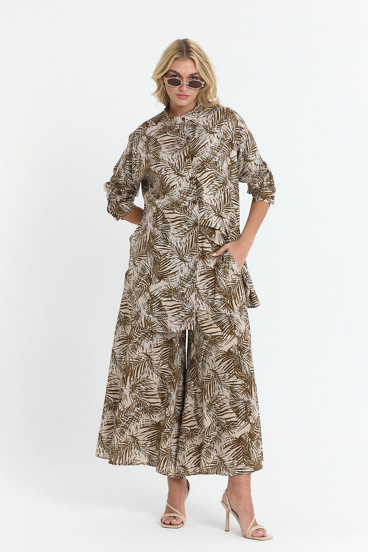 Brown Flower Patterned Long Tunic and Pants Woven Viscon Top Set BCVL-25V053-2 - Florissant