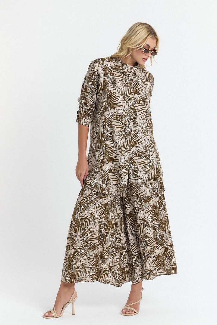 Brown Flower Patterned Long Tunic and Pants Woven Viscon Top Set BCVL-25V053-2 - Florissant