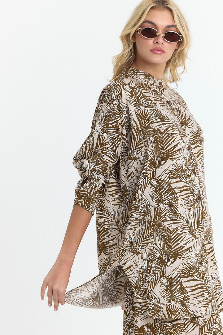 Brown Flower Patterned Long Tunic and Pants Woven Viscon Top Set BCVL-25V053-2 - Florissant