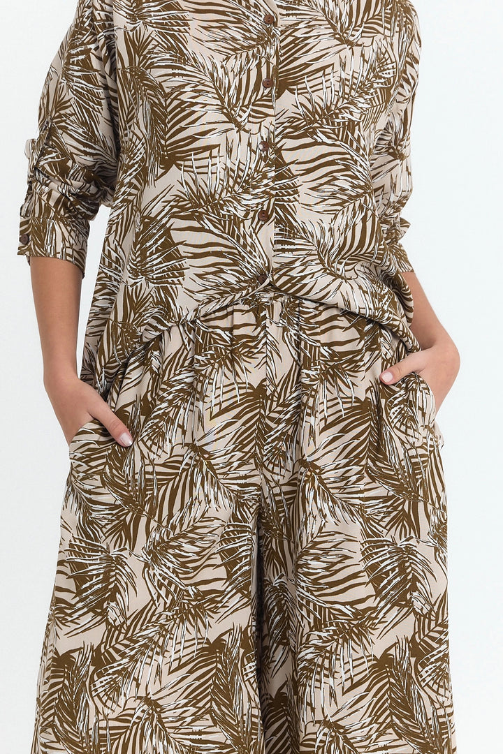 Brown Flower Patterned Long Tunic and Pants Woven Viscon Top Set BCVL-25V053-2 - Florissant