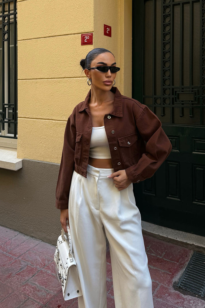 Brown Double Pocket Denim Crop Jacket BCDF-255419 - Northcote