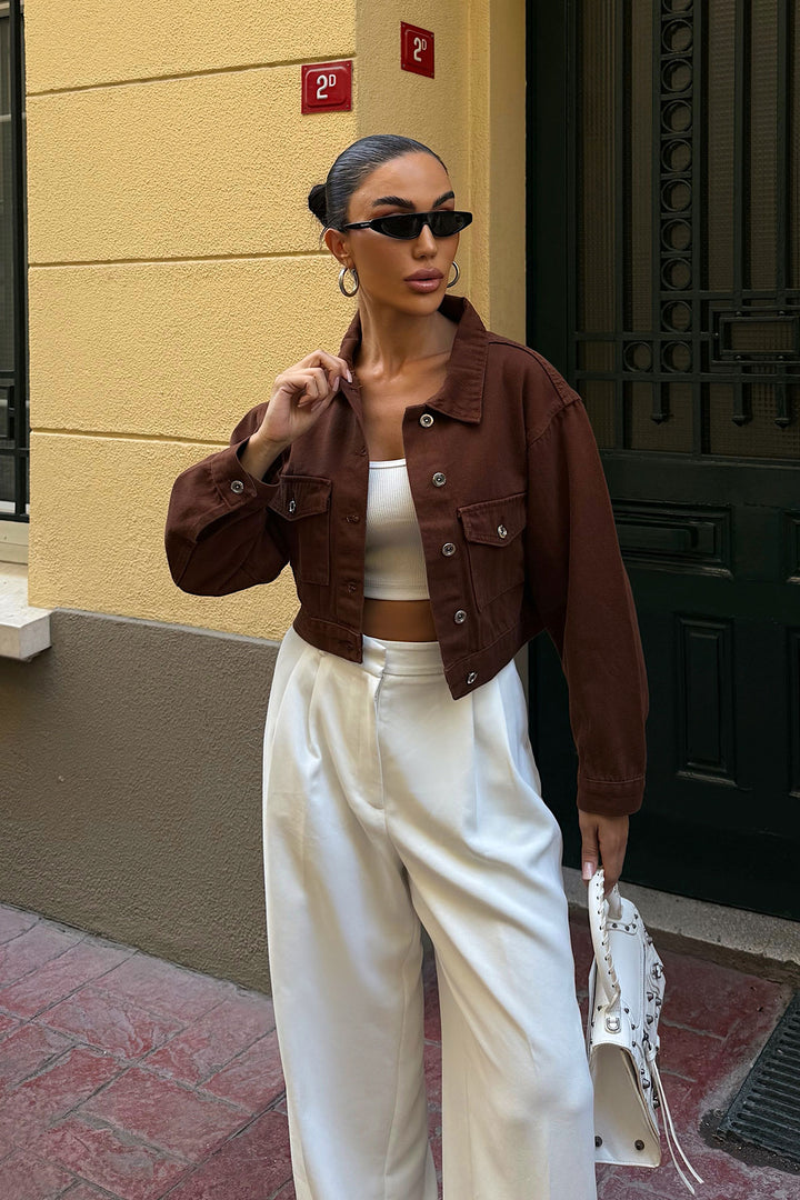 Brown Double Pocket Denim Crop Jacket BCDF-255419 - Northcote