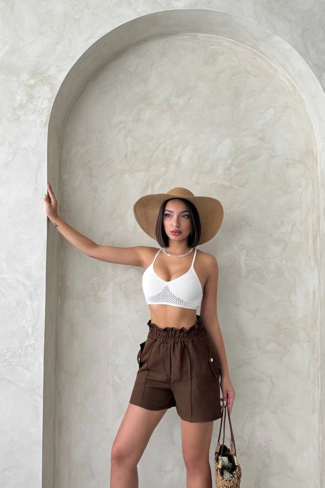 Brown Double Pocket High Waist Ruffled Front Linen Shorts BCHN-2525834 - Odivelas