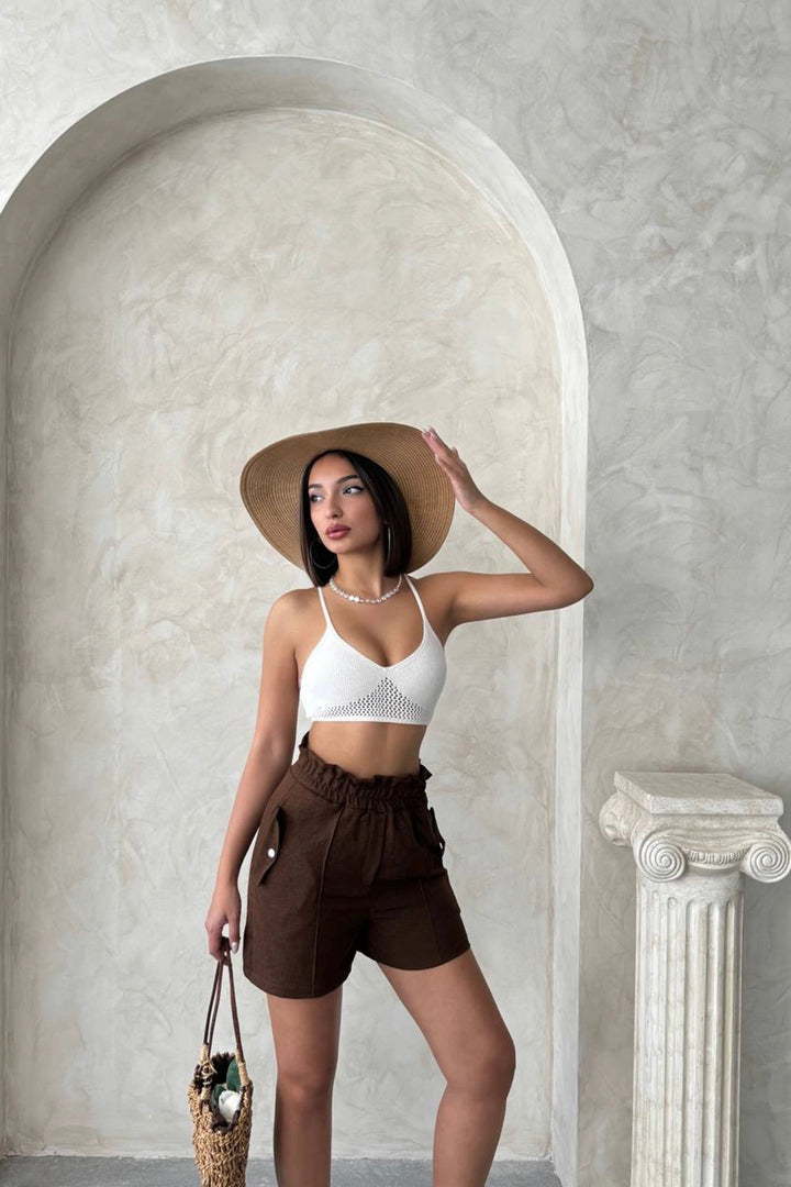 Brown Double Pocket High Waist Ruffled Front Linen Shorts BCHN-2525834 - Odivelas