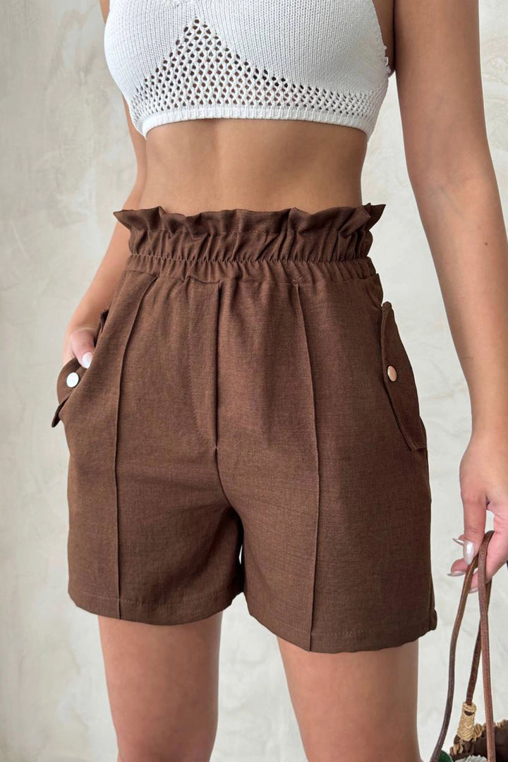 Brown Double Pocket High Waist Ruffled Front Linen Shorts BCHN-2525834 - Odivelas