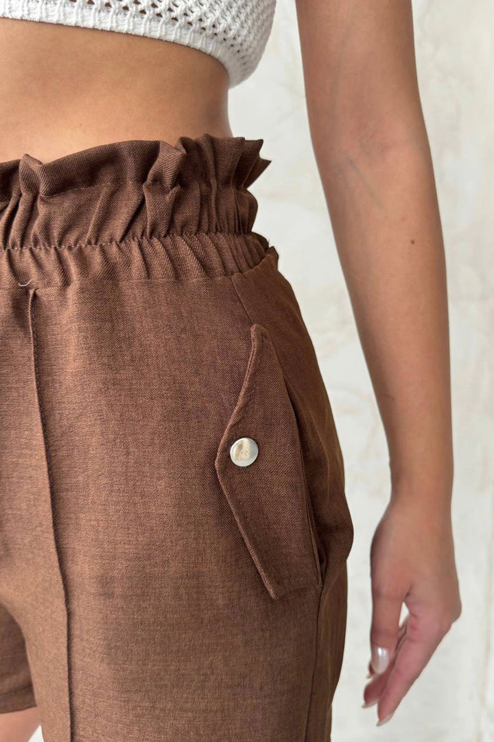 Brown Double Pocket High Waist Ruffled Front Linen Shorts BCHN-2525834 - Odivelas