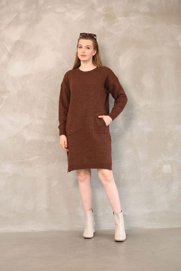 Brown Double Pocket Bicycle Collar Tunic Dress BCES-252022 - Cologne