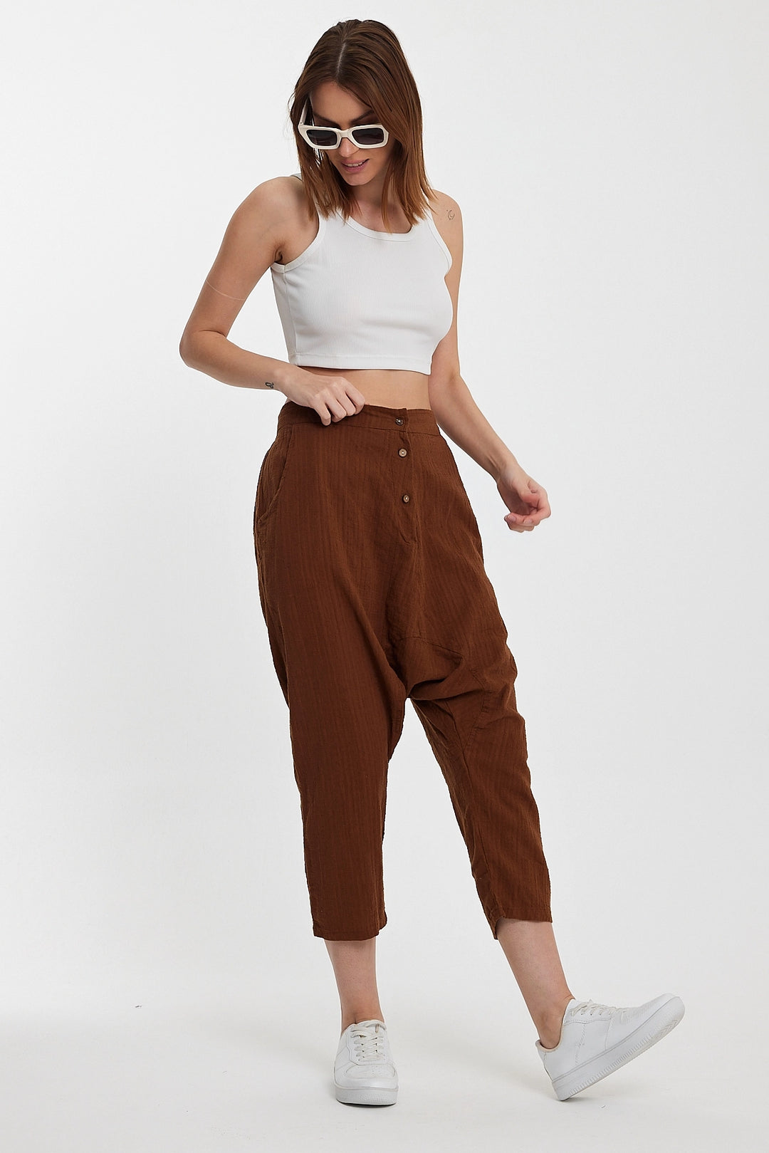 Maxi Boy Brown Double Pocket Button Detailed Low Crotch Harem Pants BCVL-245326 - Wesley Chapel