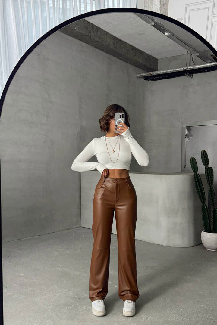 Brown Double Pocket Slim Fit Faux Leather Pants BCHN-25267542 - Ciudad Valles