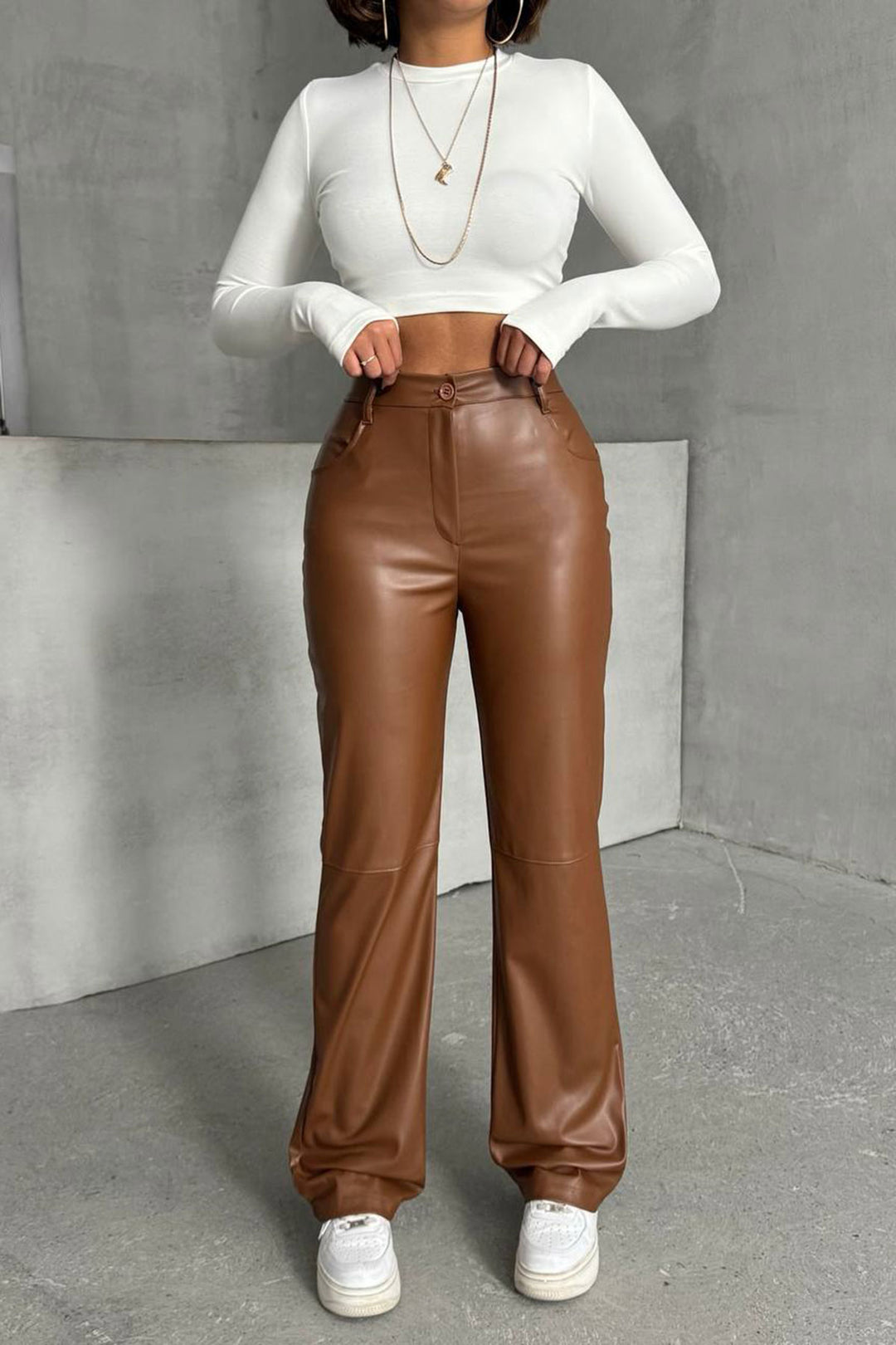 Brown Double Pocket Slim Fit Faux Leather Pants BCHN-25267542 - Ciudad Valles