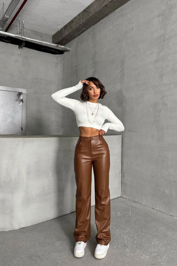 Brown Double Pocket Slim Fit Faux Leather Pants BCHN-25267542 - Ciudad Valles