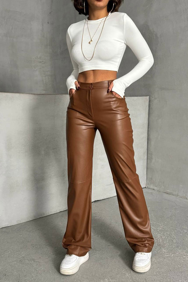 Brown Double Pocket Slim Fit Faux Leather Pants BCHN-25267542 - Ciudad Valles