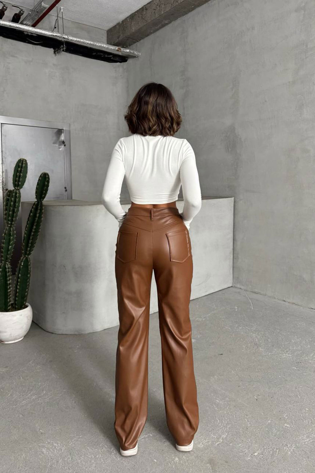 Brown Double Pocket Slim Fit Faux Leather Pants BCHN-25267542 - Ciudad Valles