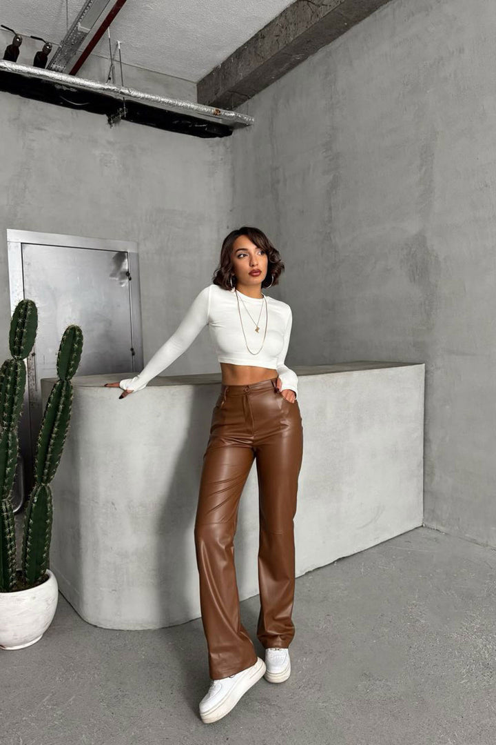 Brown Double Pocket Slim Fit Faux Leather Pants BCHN-25267542 - Ciudad Valles