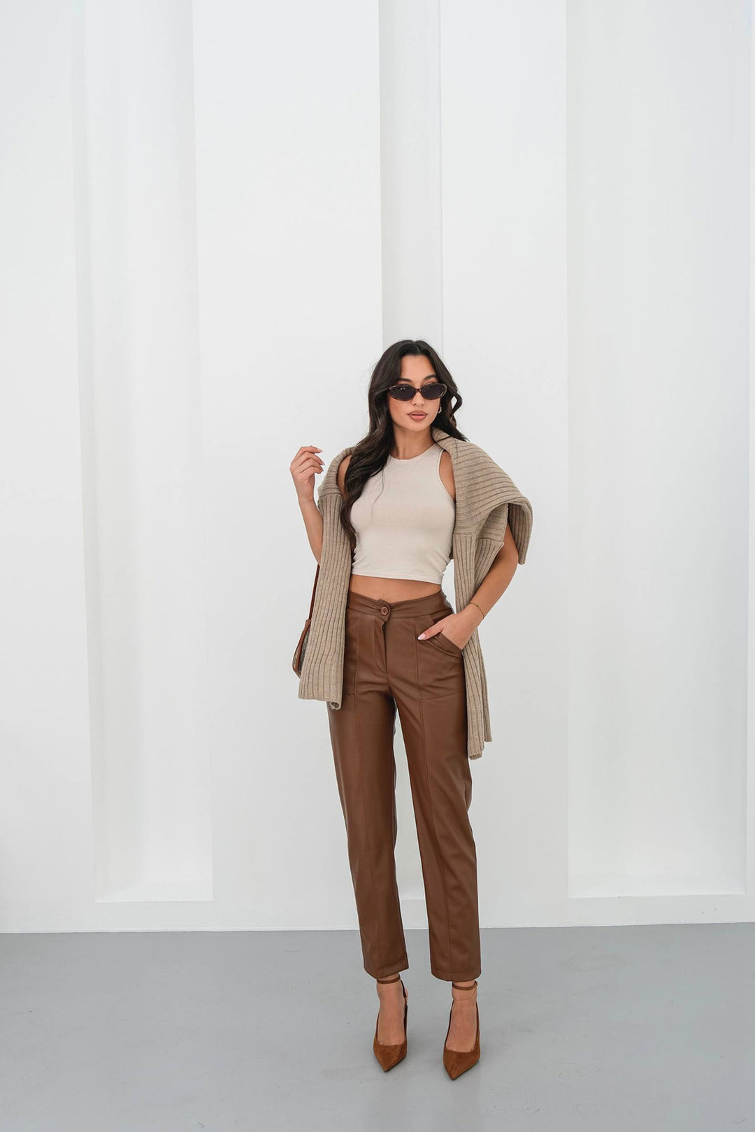 Brown Faux Leather Pants with Double Pockets and Front Seam Detail BCHN-25265098 - Broomfield