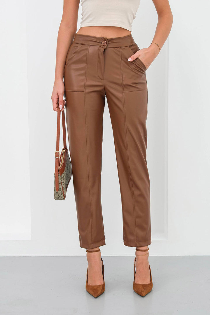 Brown Faux Leather Pants with Double Pockets and Front Seam Detail BCHN-25265098 - Broomfield